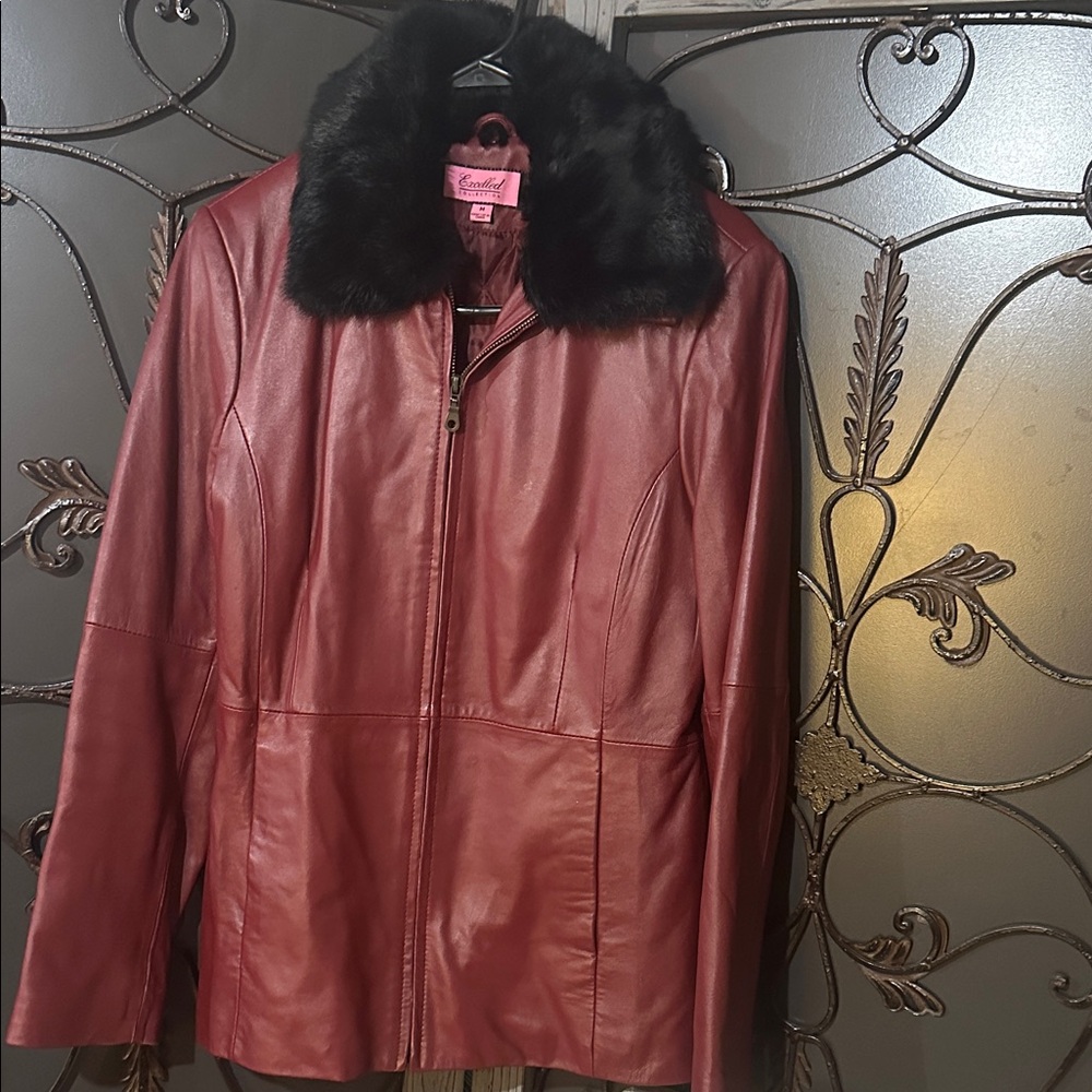 Chic Red Leather Jacket with Faux Fur Collar